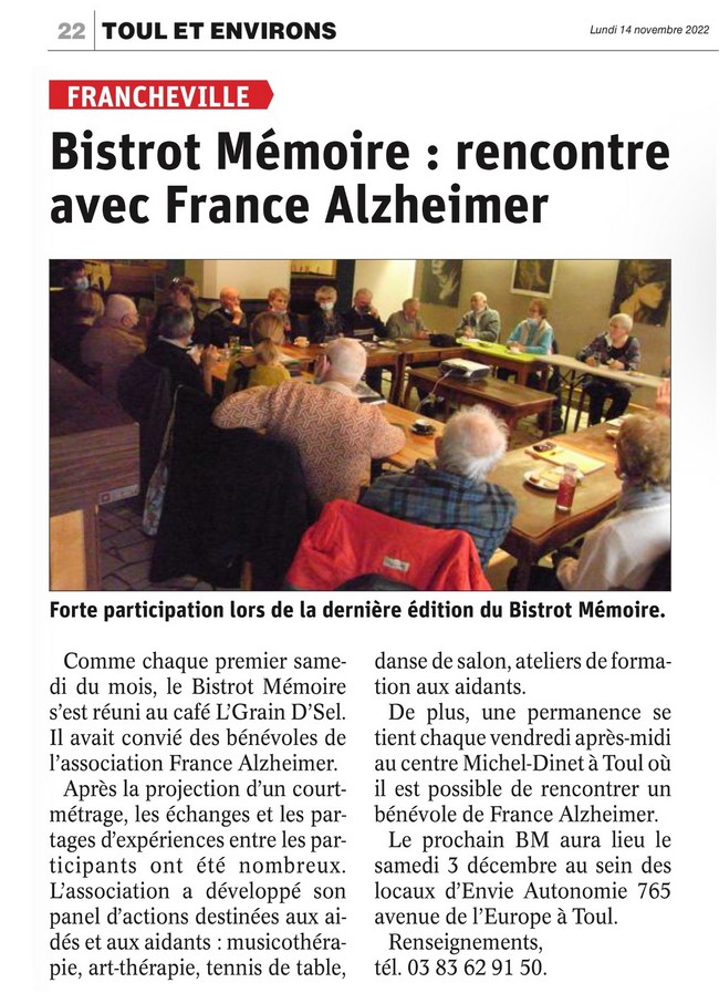 Bistrot mémoire rencontre avec France Alzheimer